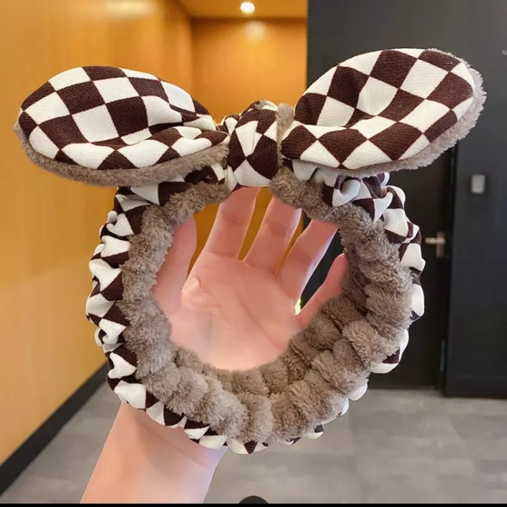 Checkered Headband wash face Bow Fleece